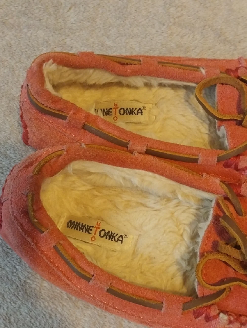 Minnetonka Kids Coral Suede Moccasins with Faux Fur Lining